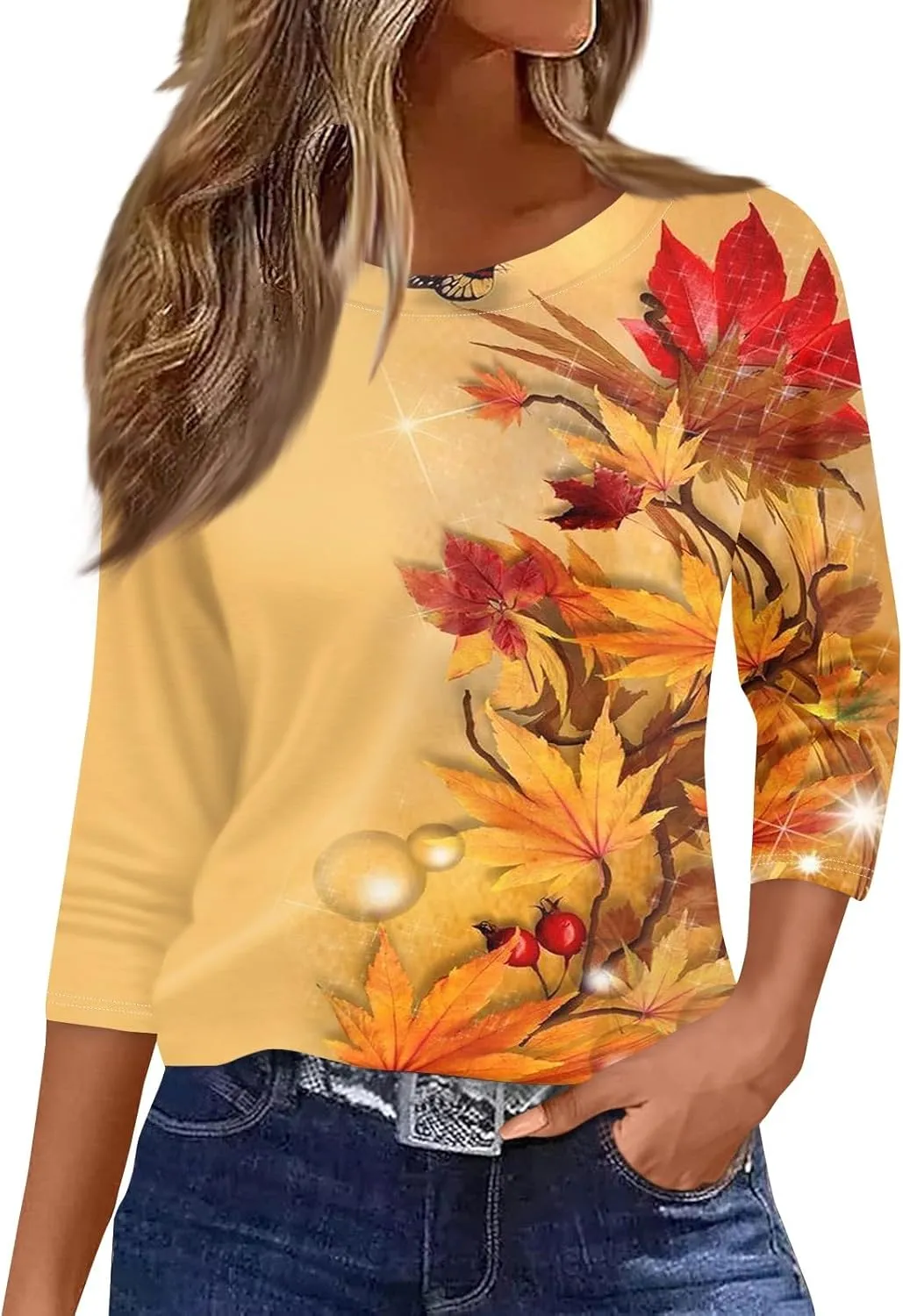 2025 Summer Shirts for Women 3/4 Length Sleeve Crewneck Tops Casual Loose Fit Shirt Floral Printed Cute Blouse
