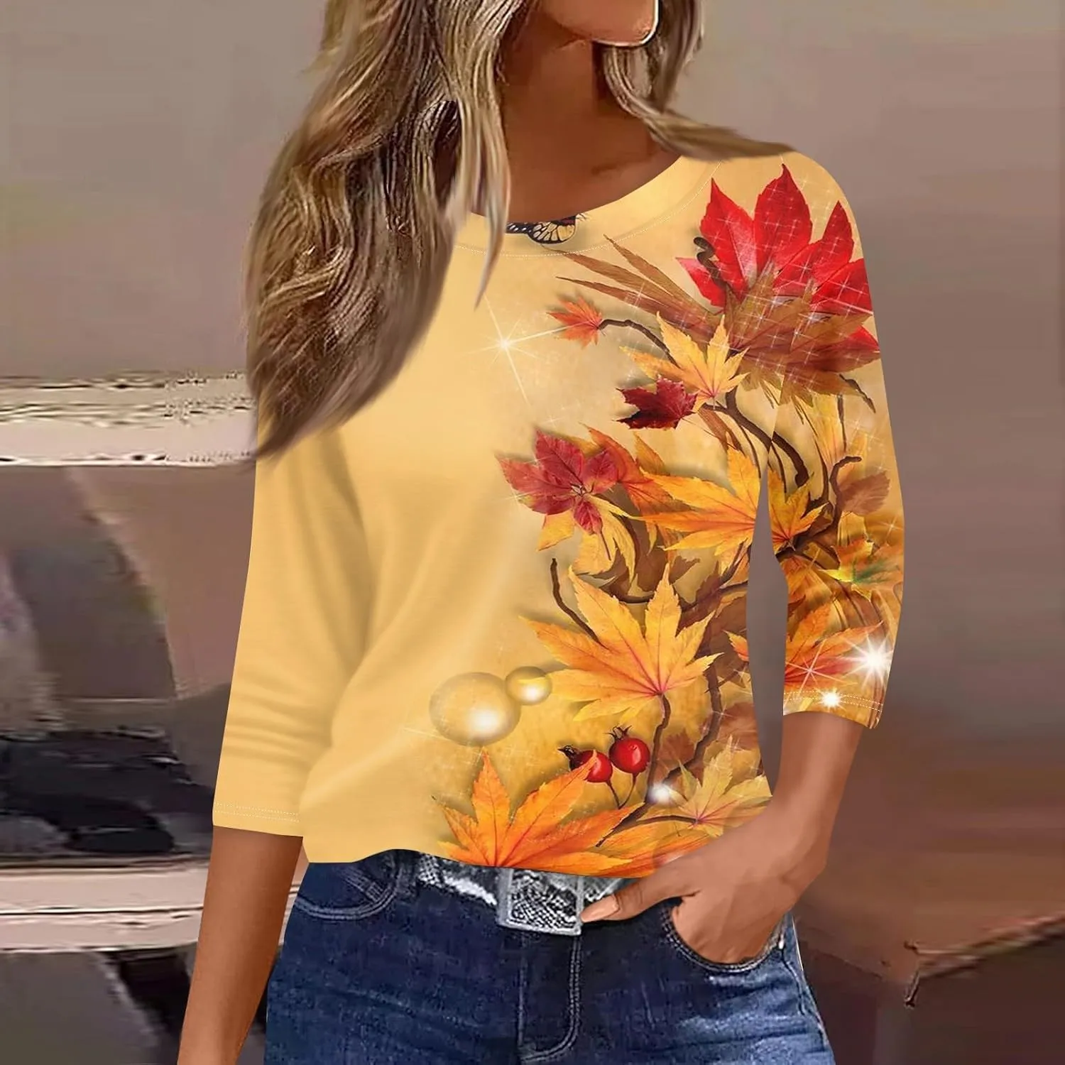 2025 Summer Shirts for Women 3/4 Length Sleeve Crewneck Tops Casual Loose Fit Shirt Floral Printed Cute Blouse