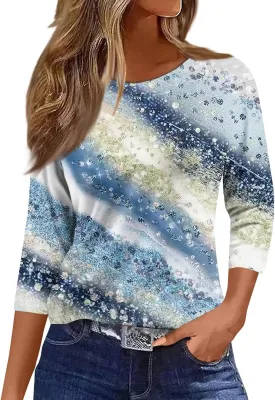 2025 Summer Shirts for Women 3/4 Length Sleeve Crewneck Tops Casual Loose Fit Shirt Floral Printed Cute Blouse