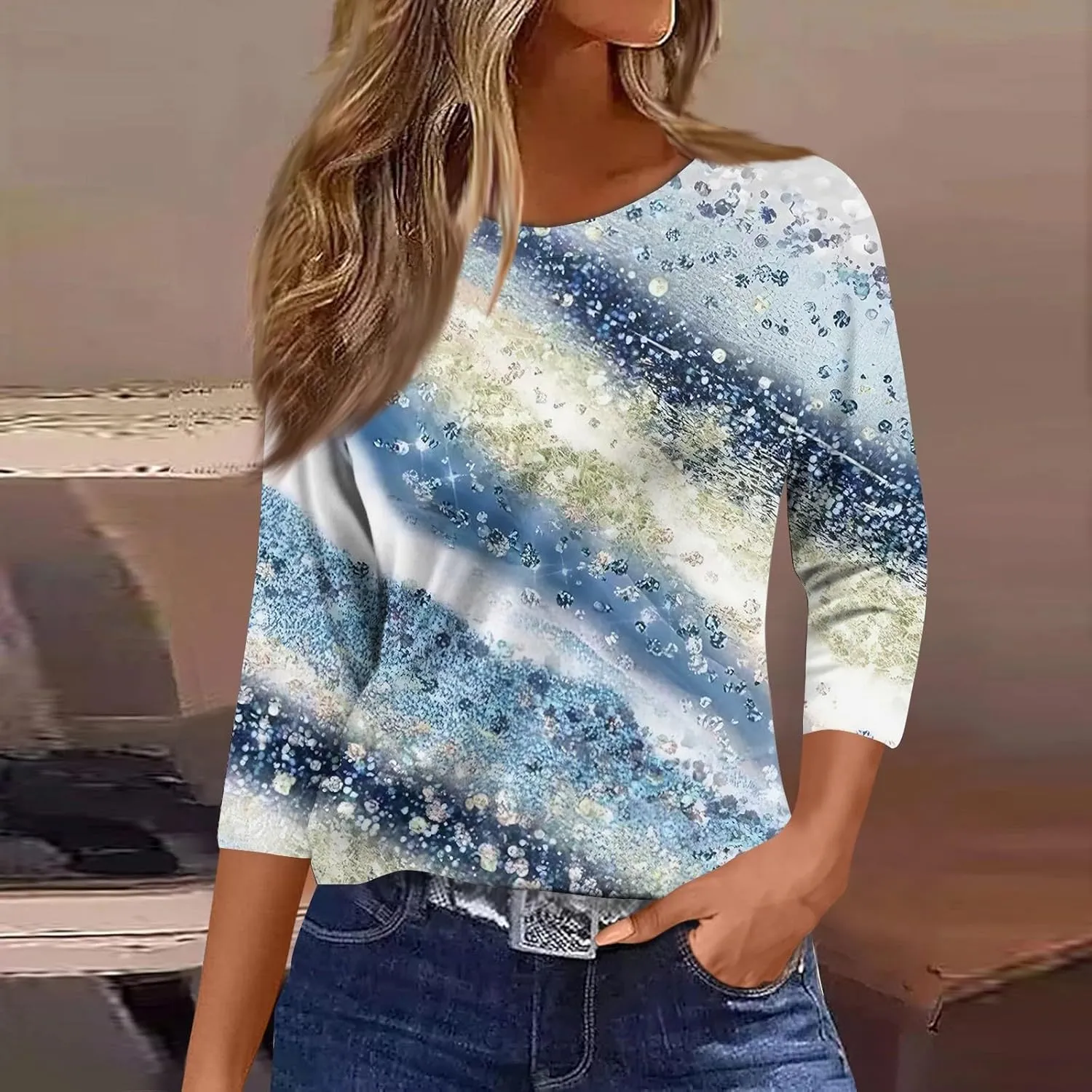 2025 Summer Shirts for Women 3/4 Length Sleeve Crewneck Tops Casual Loose Fit Shirt Floral Printed Cute Blouse