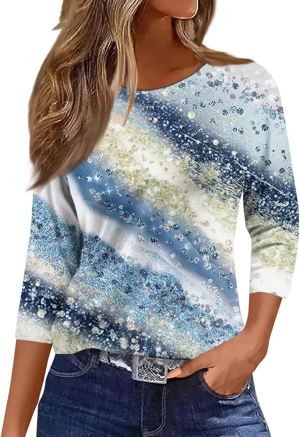 2025 Summer Shirts for Women 3/4 Length Sleeve Crewneck Tops Casual Loose Fit Shirt Floral Printed Cute Blouse