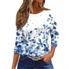 2025 Summer Shirts for Women 3/4 Length Sleeve Crewneck Tops Casual Loose Fit Shirt Floral Printed Cute Blouse
