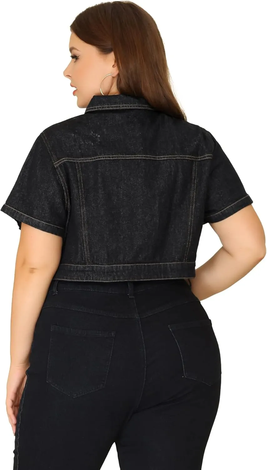 Agnes Orinda Plus Size Denim Jacket for Women Short Sleeves Button Down Cropped Jean Jackets