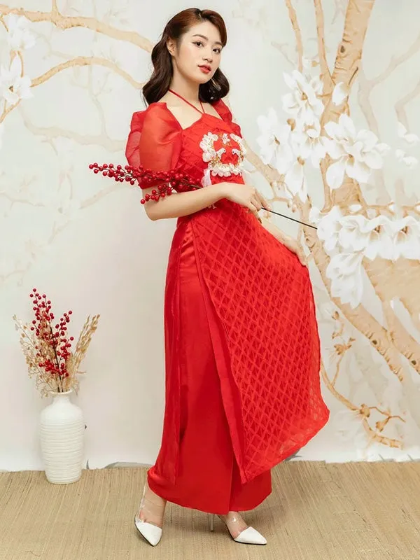 Ao Dai Vietnam Red Sparkle Feather Puffy Sleeves Include Ao Dai Top And Pants