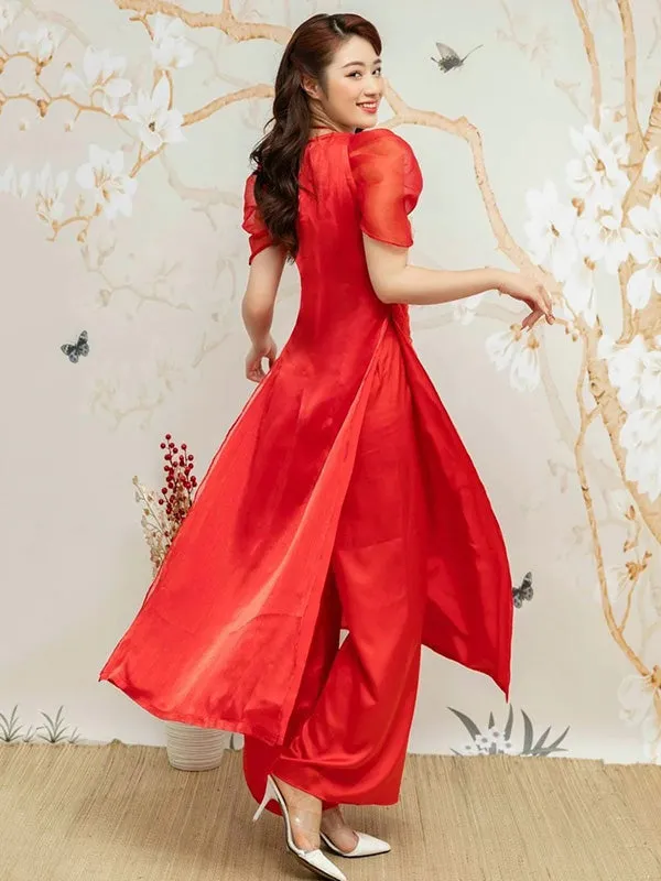 Ao Dai Vietnam Red Sparkle Feather Puffy Sleeves Include Ao Dai Top And Pants