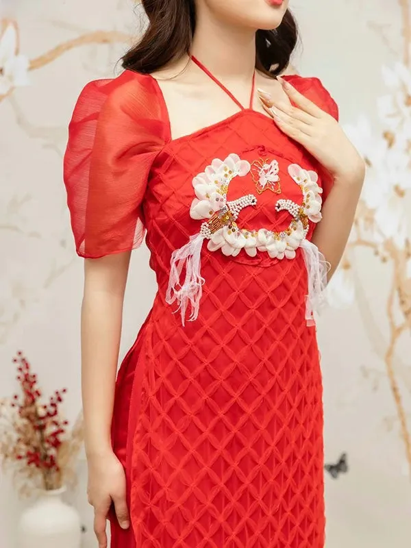 Ao Dai Vietnam Red Sparkle Feather Puffy Sleeves Include Ao Dai Top And Pants