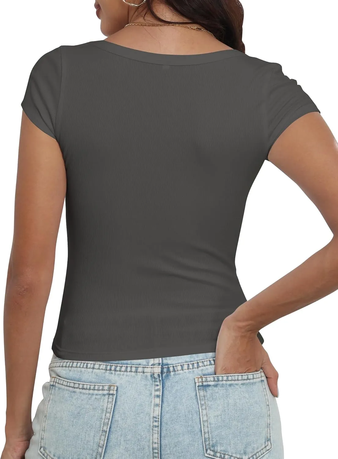 Artfish Women's Short Sleeve T-Shirts Low Scoop Neck Slim Fitted Ribbed Knit Casual Longer Crop Top