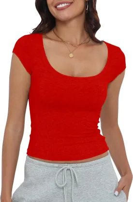 Artfish Women's Short Sleeve T-Shirts Low Scoop Neck Slim Fitted Ribbed Knit Casual Longer Crop Top