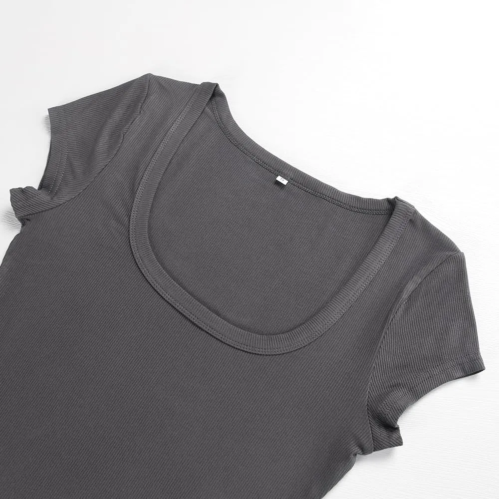 Artfish Women's Short Sleeve T-Shirts Low Scoop Neck Slim Fitted Ribbed Knit Casual Longer Crop Top