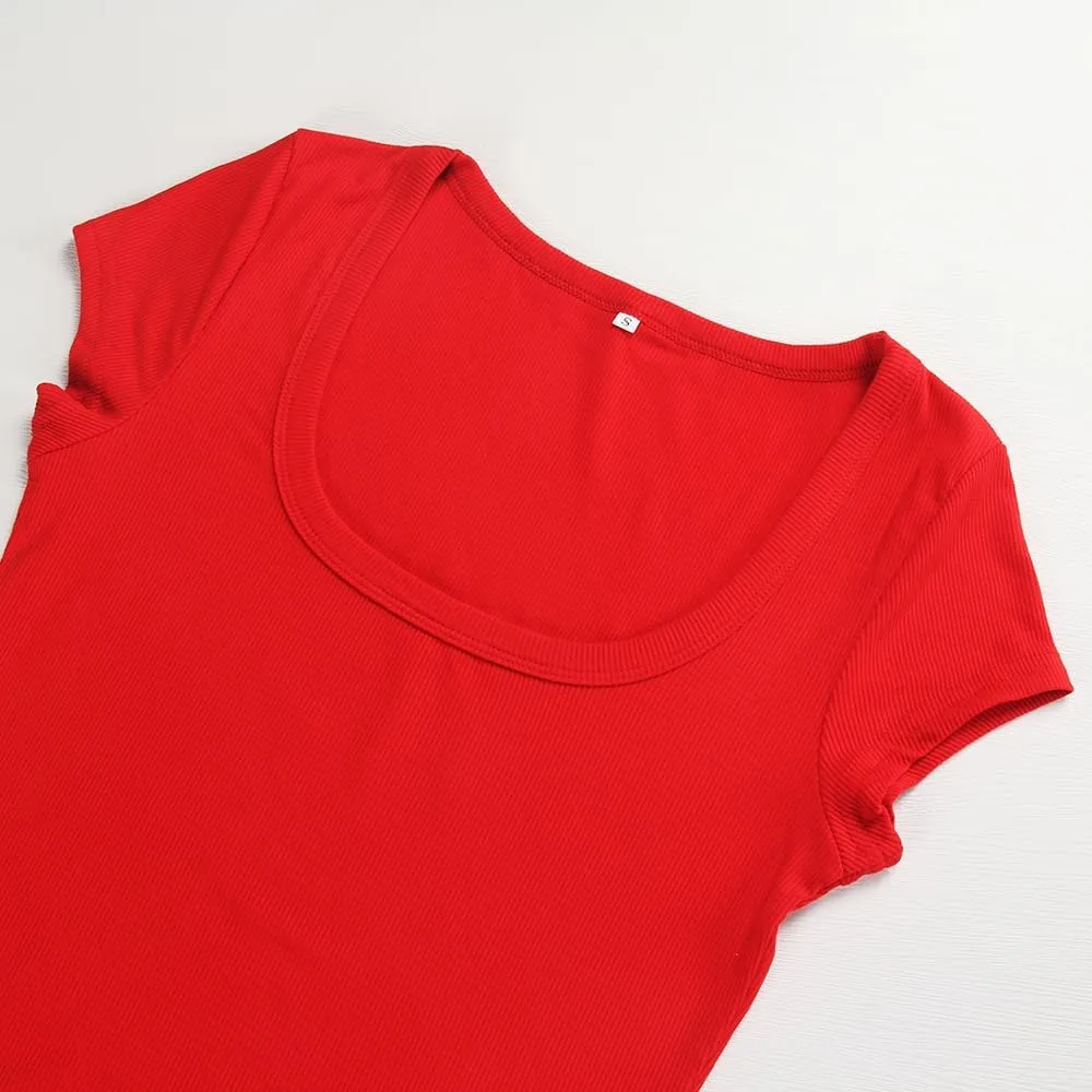 Artfish Women's Short Sleeve T-Shirts Low Scoop Neck Slim Fitted Ribbed Knit Casual Longer Crop Top