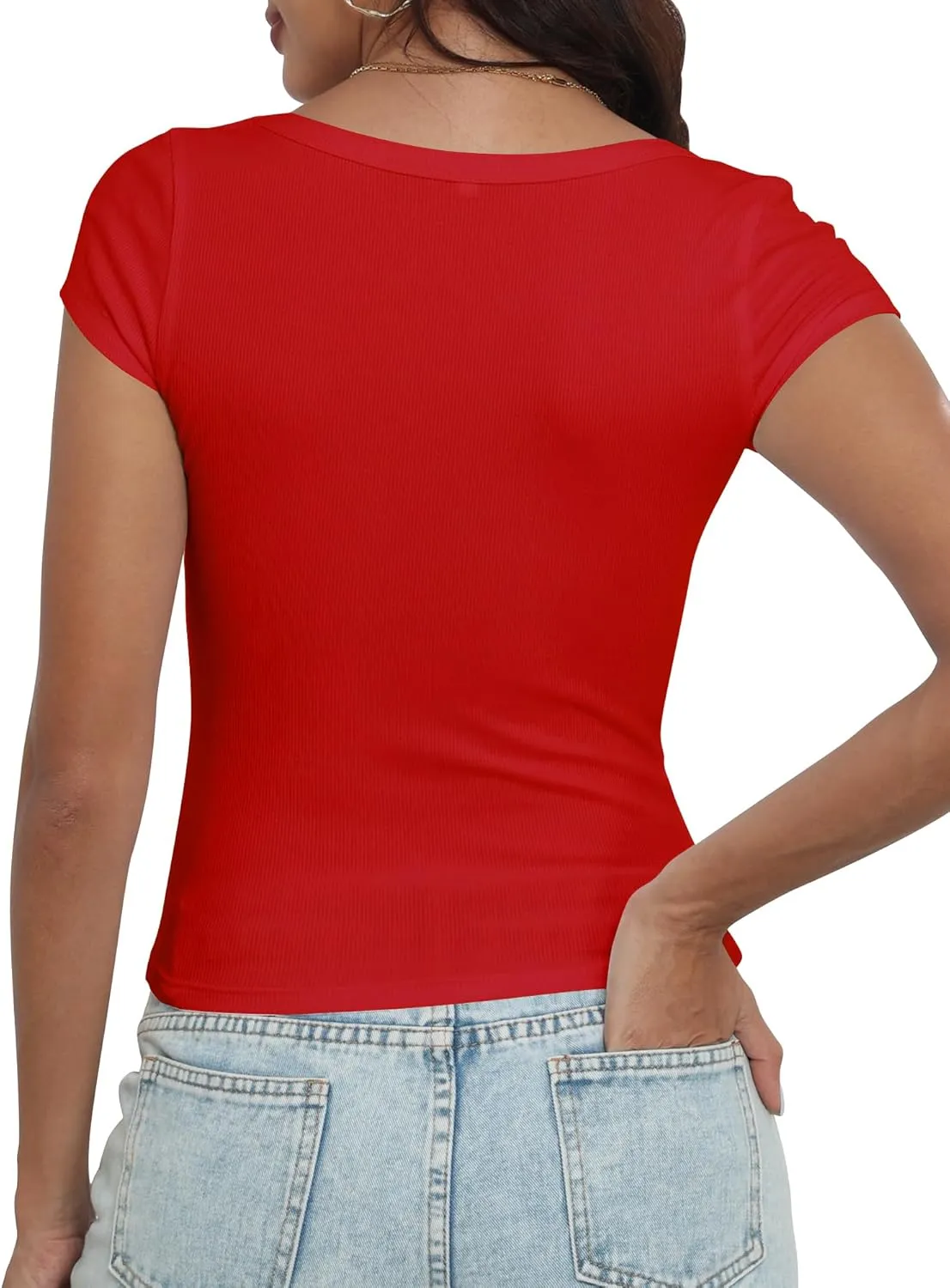 Artfish Women's Short Sleeve T-Shirts Low Scoop Neck Slim Fitted Ribbed Knit Casual Longer Crop Top