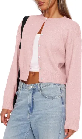 Balimtoy Women's Cropped Cardigan Sweaters Long Sleeve Button Down Sweaters Knit Cardigan Cute Y2k Open Front Crop Top