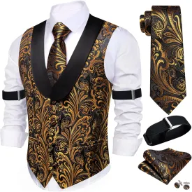 Barry.Wang Mens Silk Lapel/Shawl Collar Vest Tie Sleeve Holder Set Formal/Casual Paisley Vests Wedding Tuxedo Waistcoat