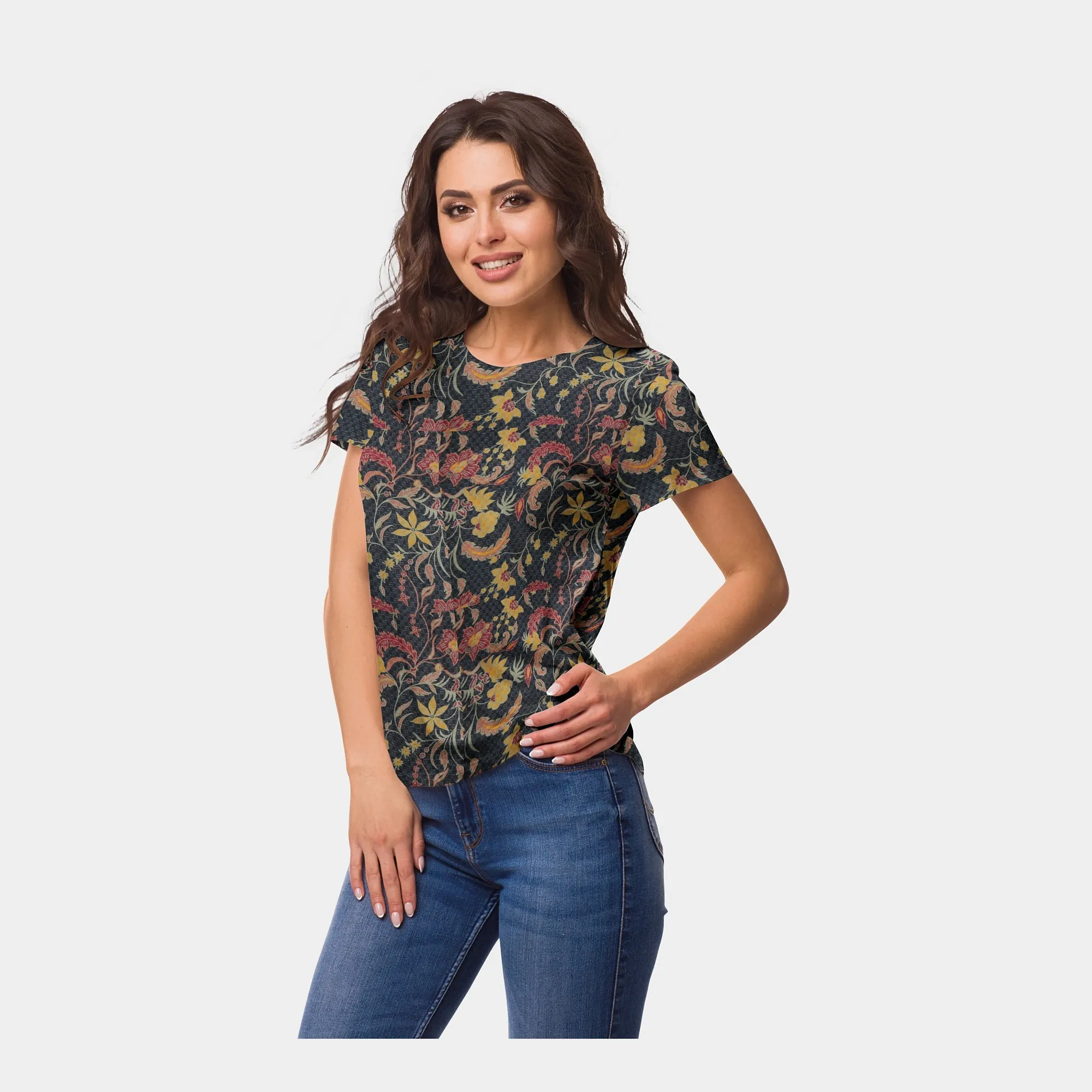 Brown Floral Print Viscose Dobby Fabic