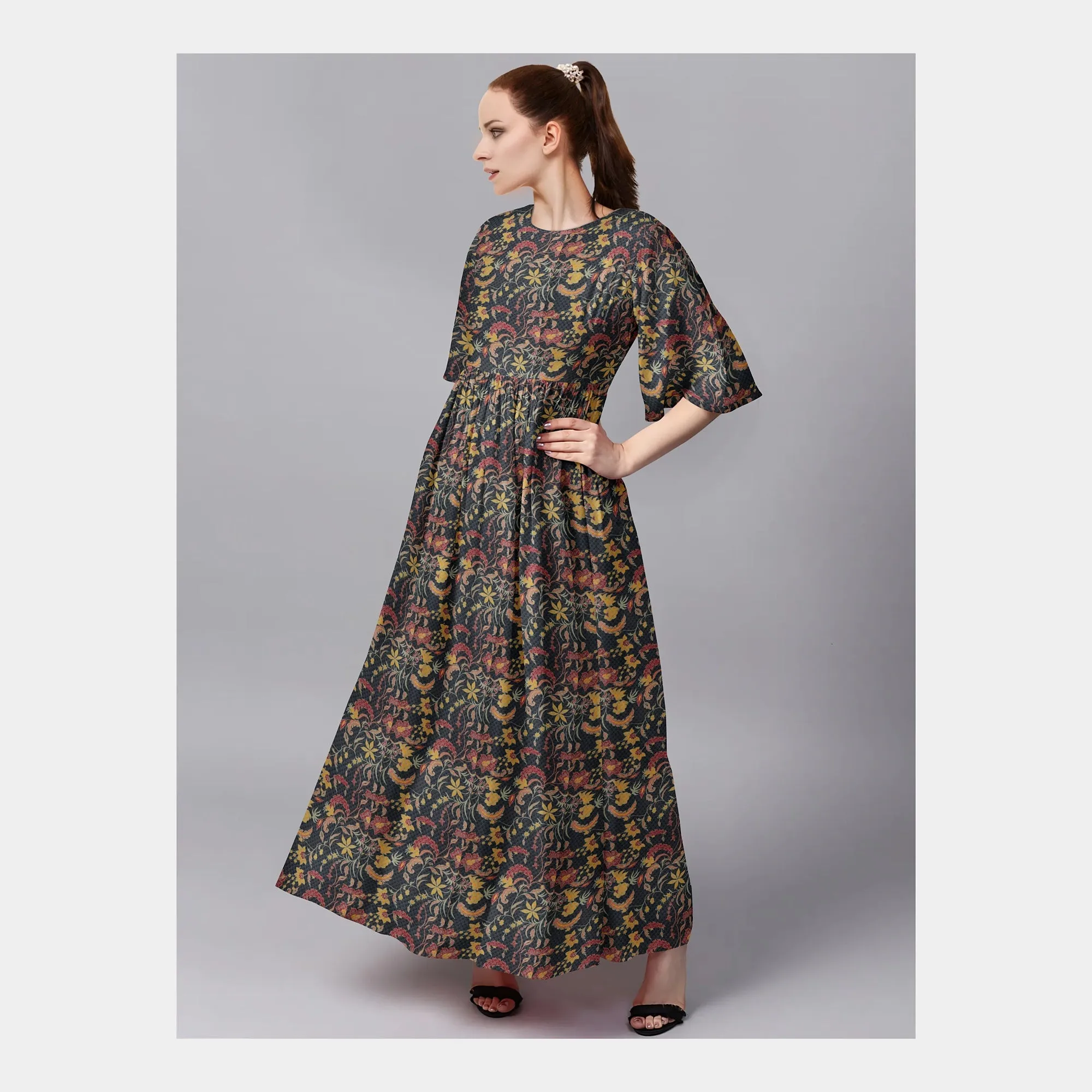 Brown Floral Print Viscose Dobby Fabic