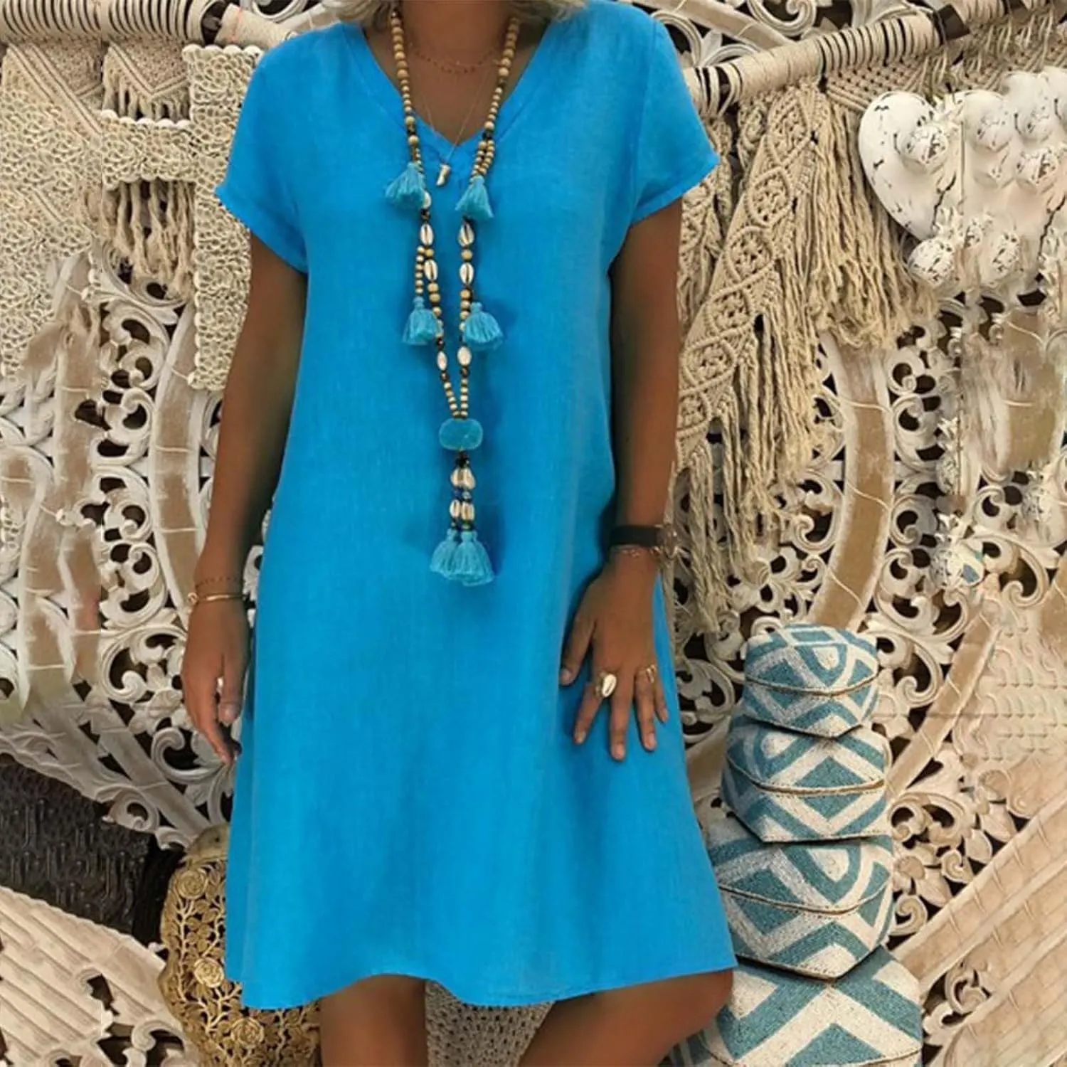 Cotton Linen Dresses for Women 2025 Spring Summer Elegant V Neck 3/4 Sleeve Midi Casual Plain Beach Shirt Dress