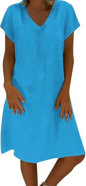 Cotton Linen Dresses for Women 2025 Spring Summer Elegant V Neck 3/4 Sleeve Midi Casual Plain Beach Shirt Dress