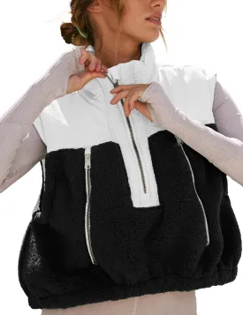 Fleece Vests for Women Half Zip Up Sleeveless Quilted Jacket Crop Puffer Vest Lightweight Padded Coat Outwear