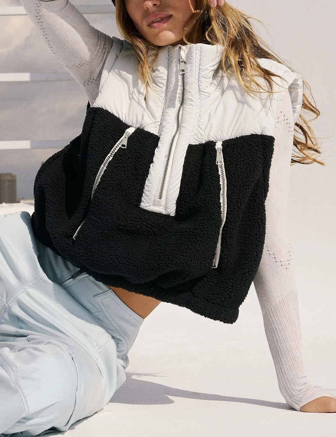 Fleece Vests for Women Half Zip Up Sleeveless Quilted Jacket Crop Puffer Vest Lightweight Padded Coat Outwear
