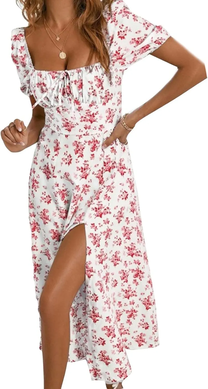 Floral Milkmaid Dress Women Corset Puff Sleeve Square Neck Dress Tie Front Midi Dress Summer Split Casual Boho Sundress