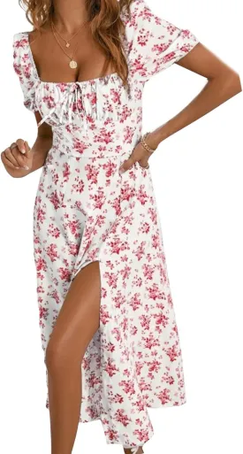 Floral Milkmaid Dress Women Corset Puff Sleeve Square Neck Dress Tie Front Midi Dress Summer Split Casual Boho Sundress