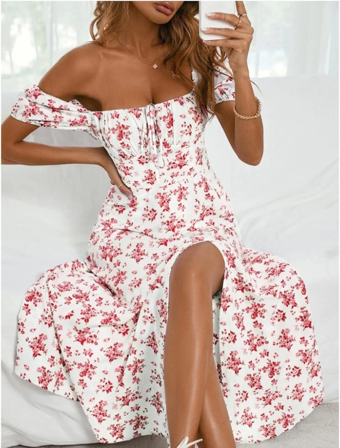 Floral Milkmaid Dress Women Corset Puff Sleeve Square Neck Dress Tie Front Midi Dress Summer Split Casual Boho Sundress