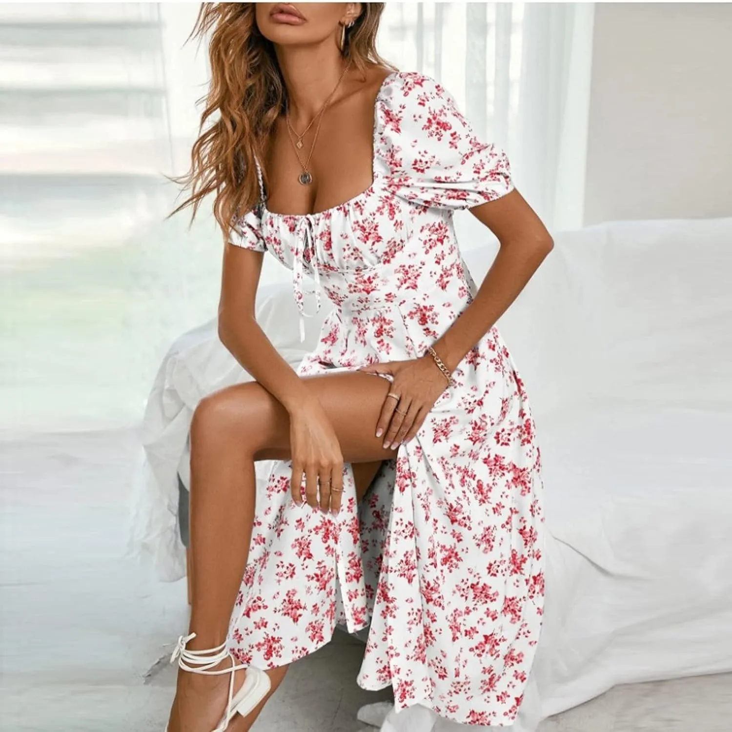 Floral Milkmaid Dress Women Corset Puff Sleeve Square Neck Dress Tie Front Midi Dress Summer Split Casual Boho Sundress
