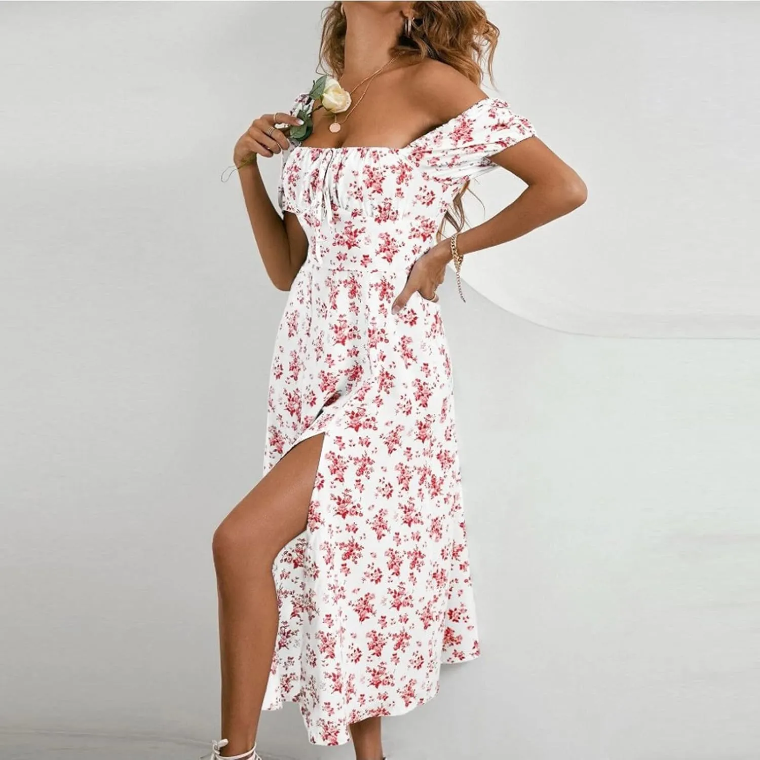 Floral Milkmaid Dress Women Corset Puff Sleeve Square Neck Dress Tie Front Midi Dress Summer Split Casual Boho Sundress