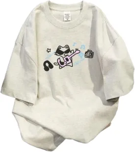 Harajuku Vintage Shirts for Women Cute Graffiti Cat Print T-Shirt Summer Oversized Graphic Tees Kawaii Clothes Y2K Tops
