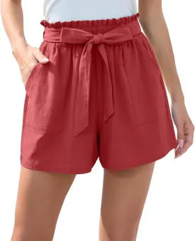 HIYIYEZI Women Casual Shorts Bowknot Tie Waist Summer Shorts with Pockets