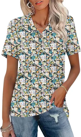 Ivicoer Womens V Neck Short Sleeve Polo Shirts Button Down Collared Tops Work Tunic Blouses Business Casual