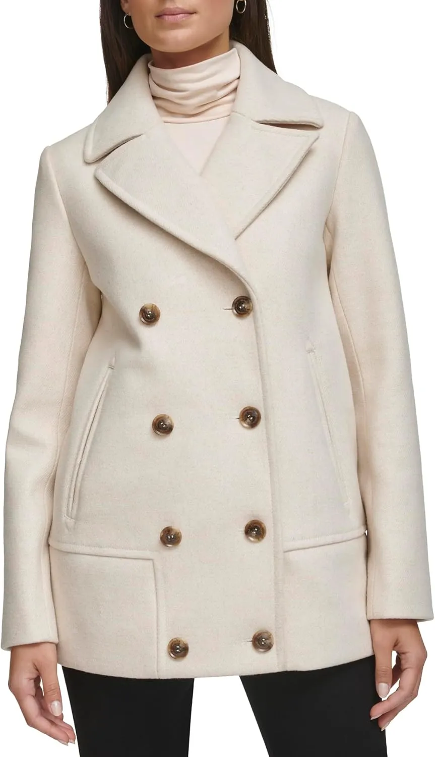 Kenneth Cole Women's Double Breast Notch Collar Button Details Wool Coat