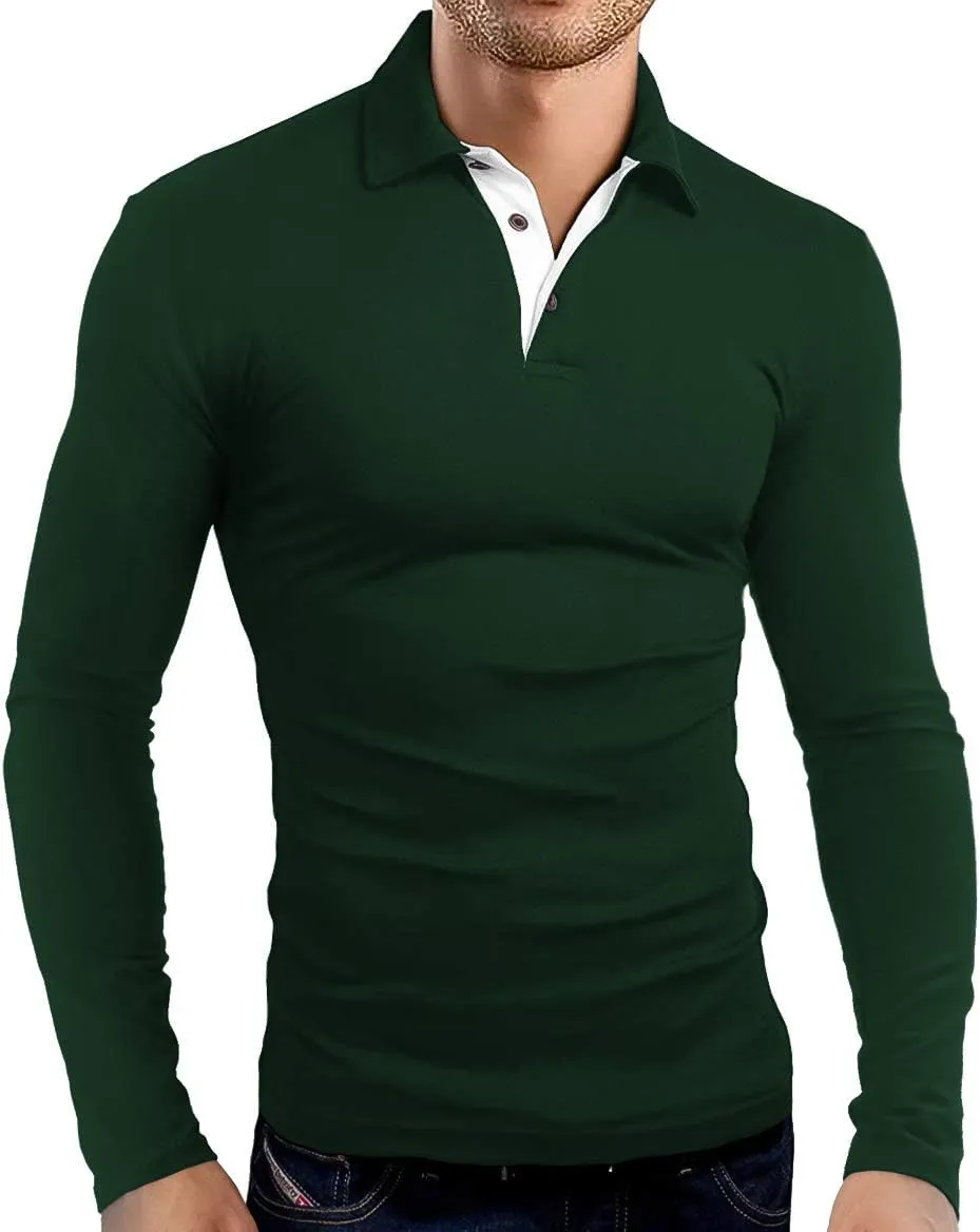 KUYIGO Men's Long Sleeve Polo Shirts Casual Slim Fit Basic Designed Cotton Shirt Tops