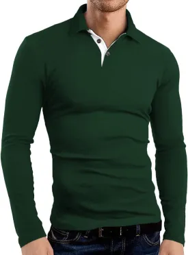 KUYIGO Men's Long Sleeve Polo Shirts Casual Slim Fit Basic Designed Cotton Shirt Tops
