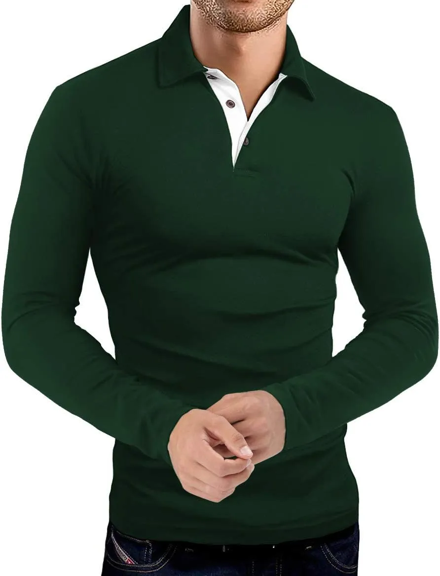 KUYIGO Men's Long Sleeve Polo Shirts Casual Slim Fit Basic Designed Cotton Shirt Tops
