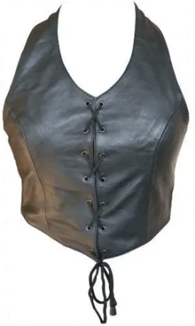 Ladies Lambskin Leather Halter Top with Lace up Front