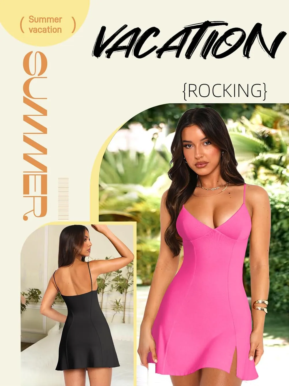 Lancifolium Trendy Y2k Spaghetti Strap Deep V Neck Night Out Elegant Cocktail Mini Dress with Split