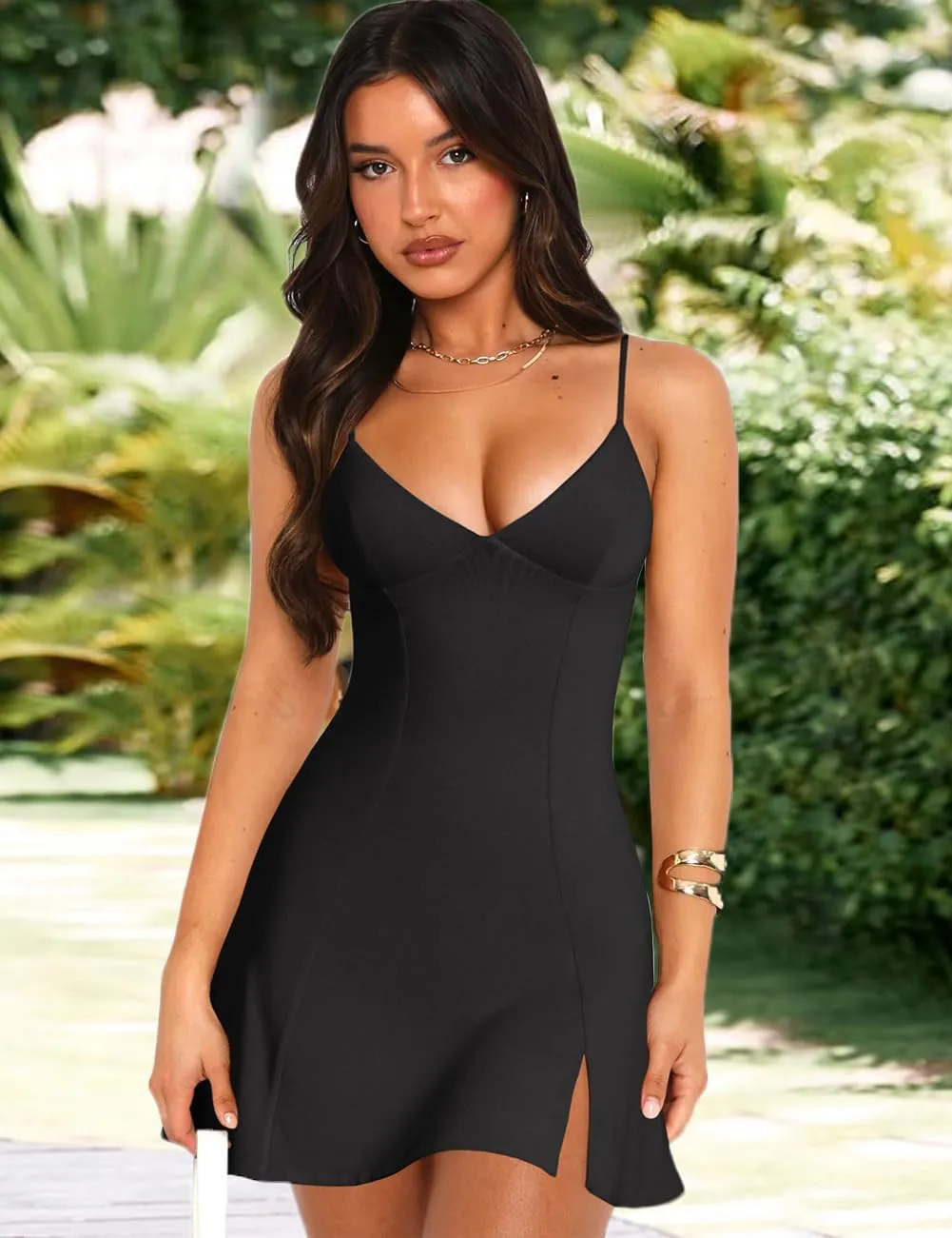 Lancifolium Trendy Y2k Spaghetti Strap Deep V Neck Night Out Elegant Cocktail Mini Dress with Split