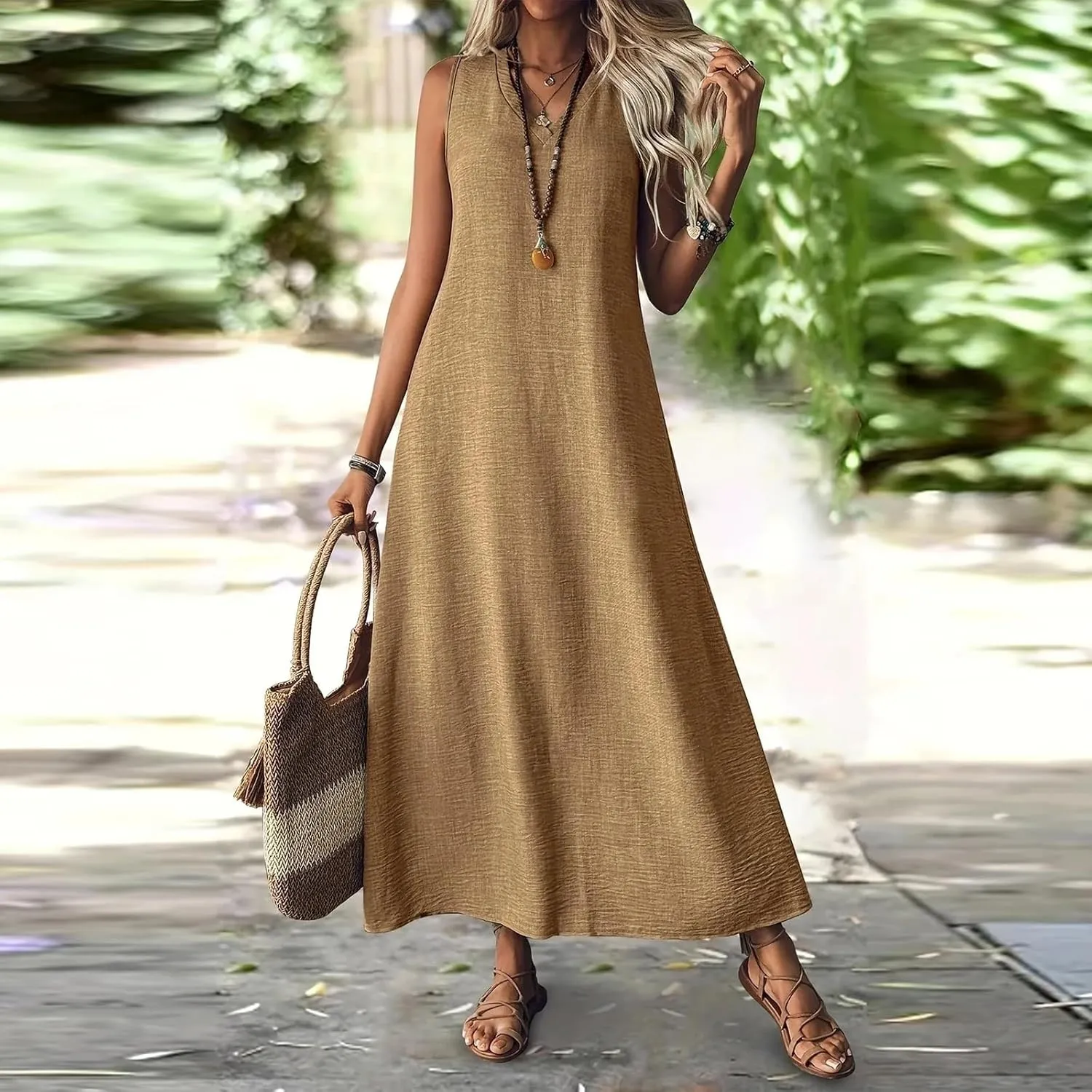 Linen Dress Women Sleeveless V Neck Tunic Boho Maxi Dress Casual Summer Modest Long Flowy Beach Vacation Sun Dresses
