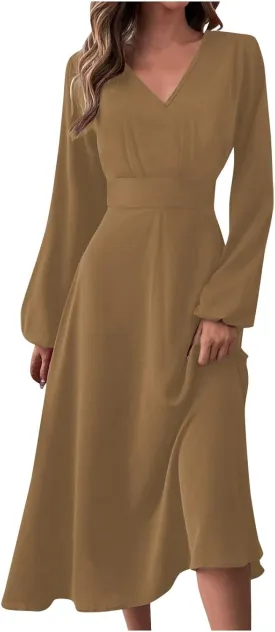 Long Sleeve Midi Dress for Women 2024 Spring V Neck High Waisted T Shirt Dress Casual Flowy A Line Swing Formal Party Dresses