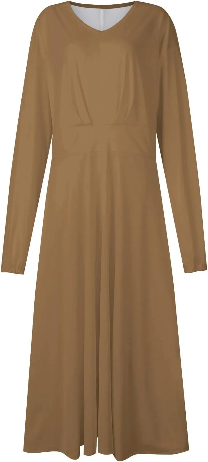Long Sleeve Midi Dress for Women 2024 Spring V Neck High Waisted T Shirt Dress Casual Flowy A Line Swing Formal Party Dresses