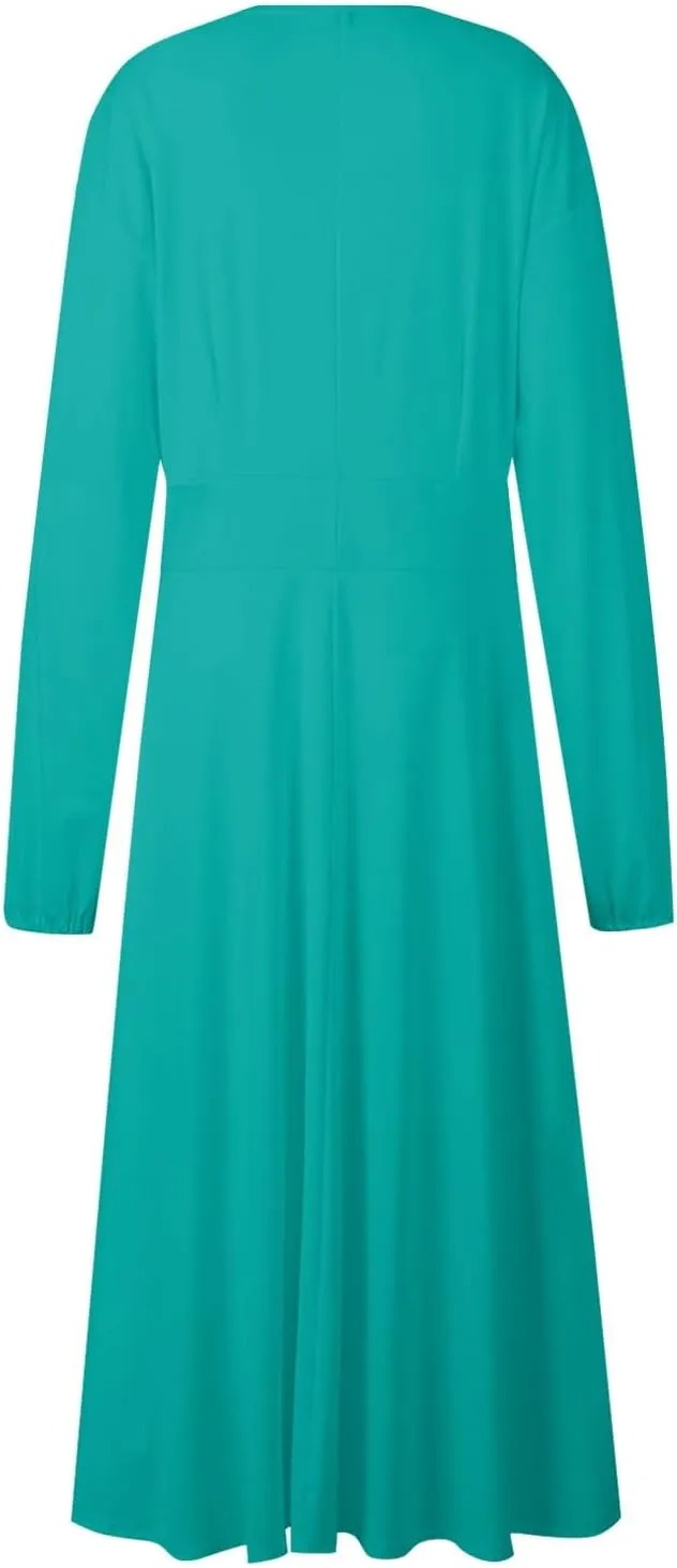 Long Sleeve Midi Dress for Women 2024 Spring V Neck High Waisted T Shirt Dress Casual Flowy A Line Swing Formal Party Dresses