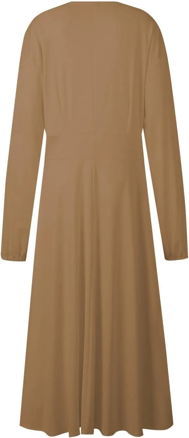 Long Sleeve Midi Dress for Women 2024 Spring V Neck High Waisted T Shirt Dress Casual Flowy A Line Swing Formal Party Dresses