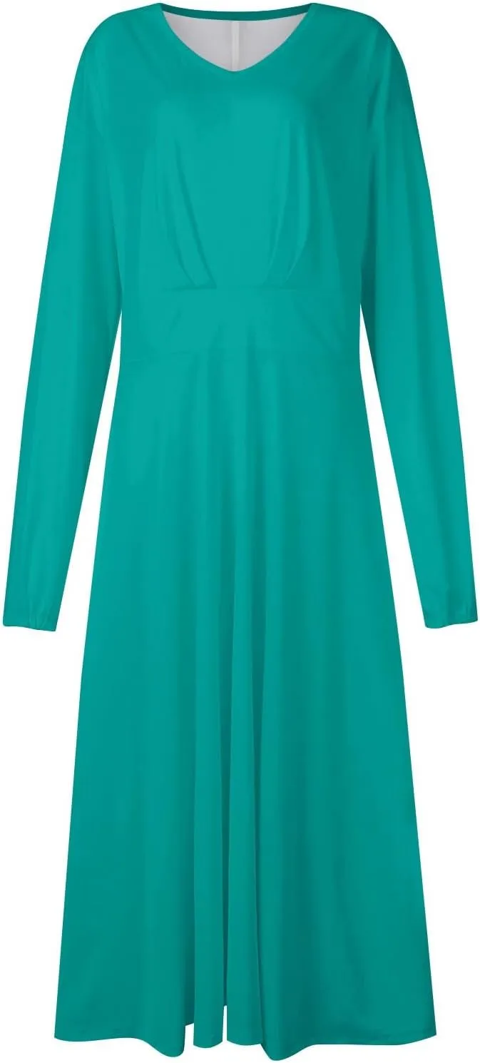 Long Sleeve Midi Dress for Women 2024 Spring V Neck High Waisted T Shirt Dress Casual Flowy A Line Swing Formal Party Dresses