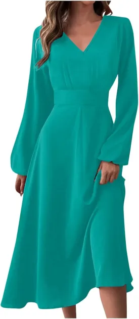 Long Sleeve Midi Dress for Women 2024 Spring V Neck High Waisted T Shirt Dress Casual Flowy A Line Swing Formal Party Dresses