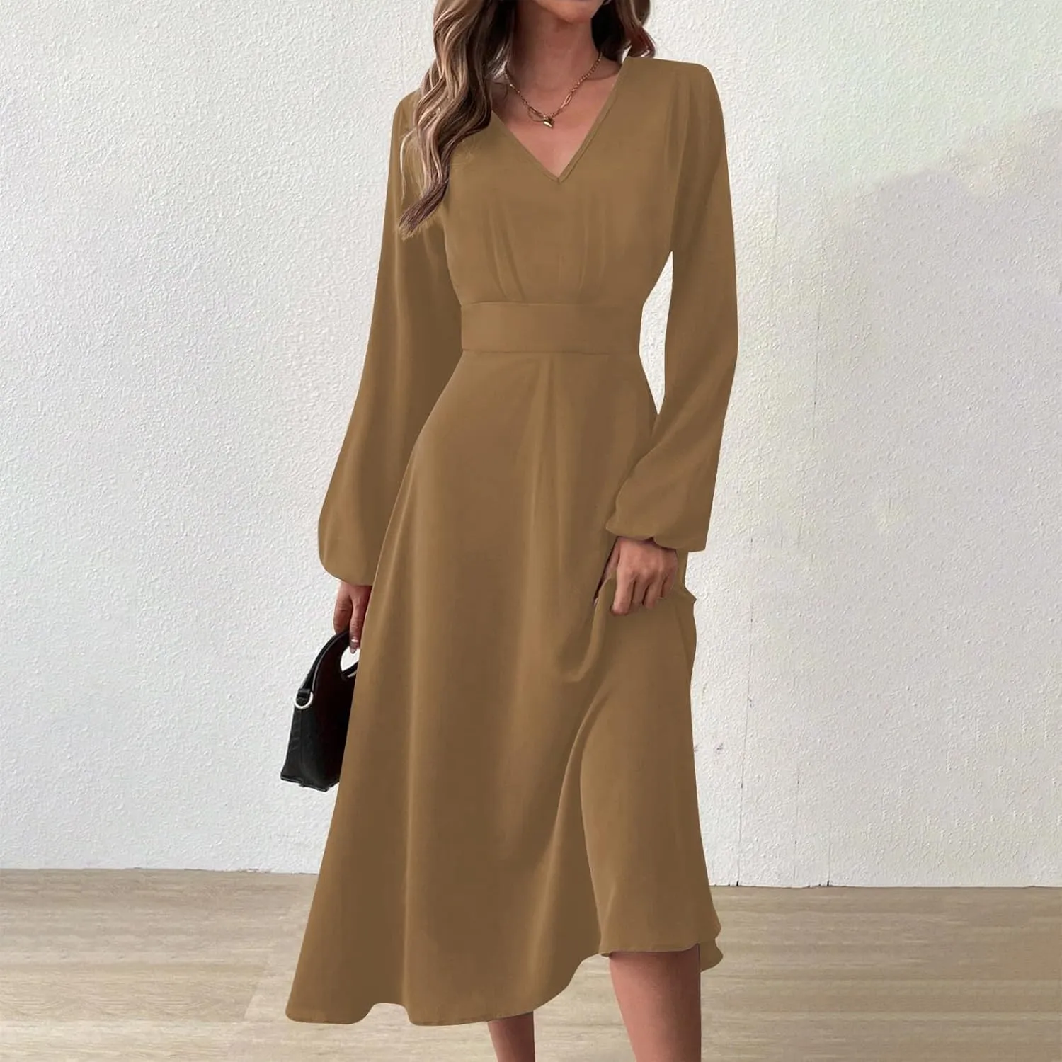 Long Sleeve Midi Dress for Women 2024 Spring V Neck High Waisted T Shirt Dress Casual Flowy A Line Swing Formal Party Dresses