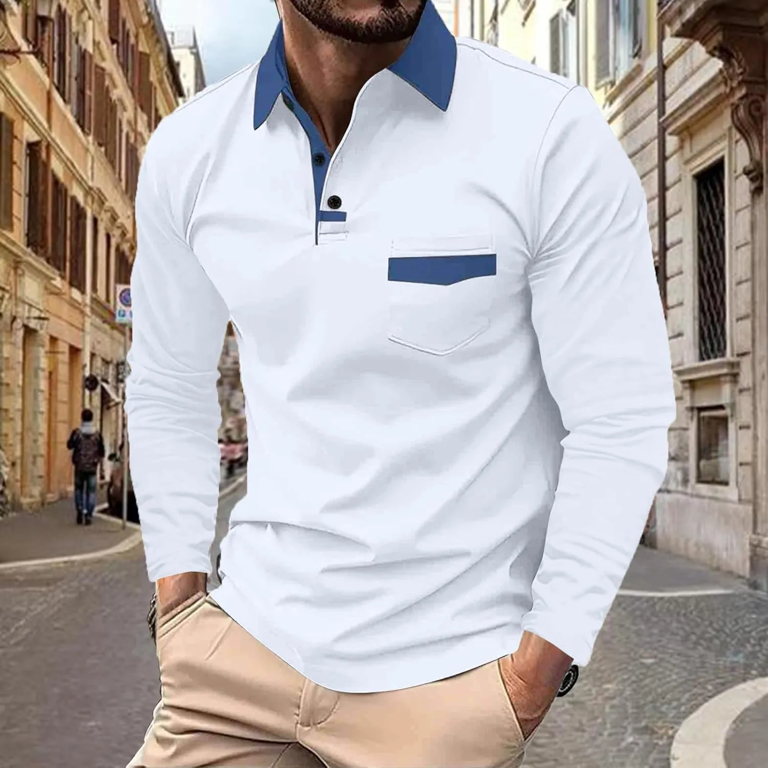 Men's Polo Shirts Long Sleeve 2024 Casual Polo T-Shirts Color Block Slim Fit Golf Polo Shirt with Pocket