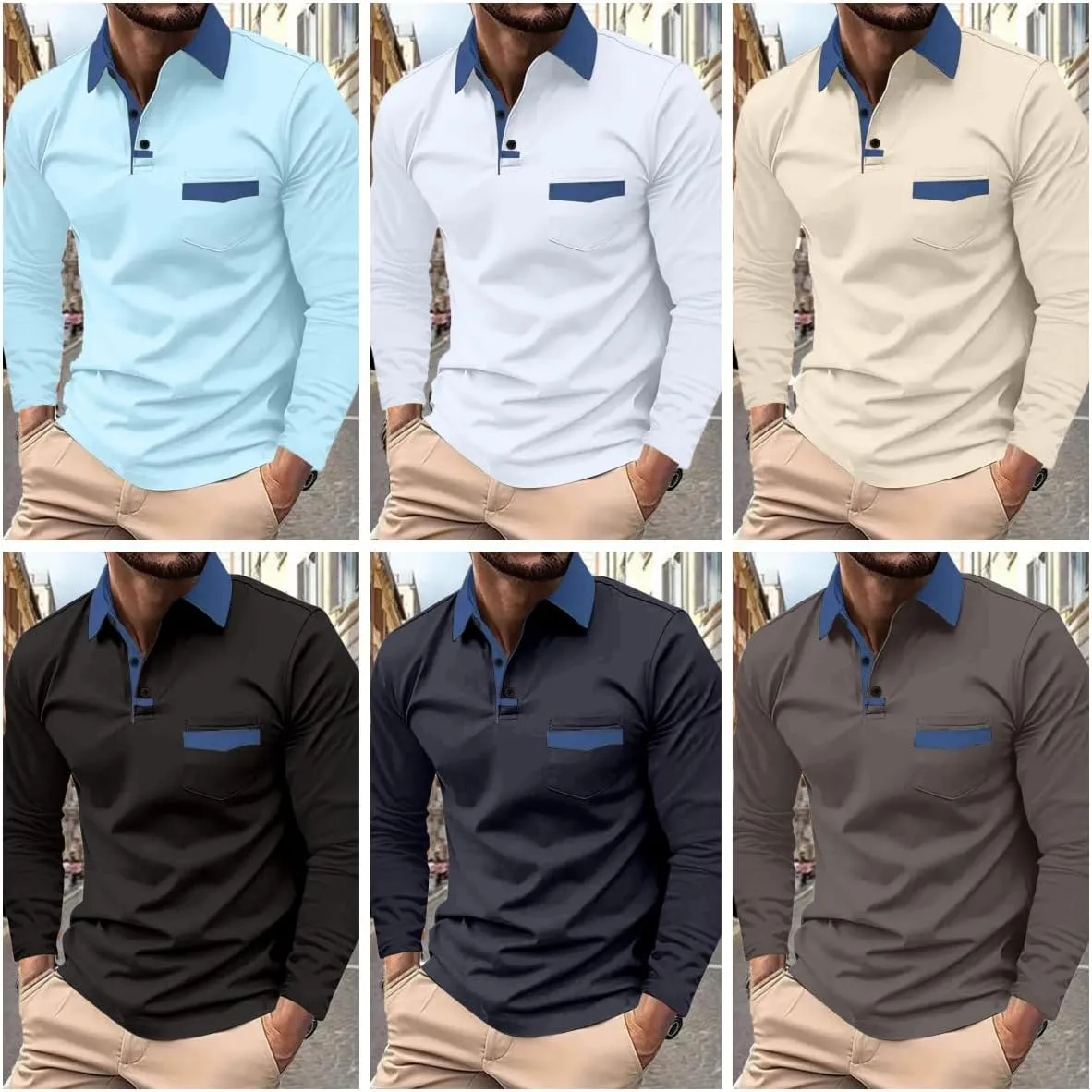 Men's Polo Shirts Long Sleeve 2024 Casual Polo T-Shirts Color Block Slim Fit Golf Polo Shirt with Pocket