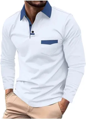 Men's Polo Shirts Long Sleeve 2024 Casual Polo T-Shirts Color Block Slim Fit Golf Polo Shirt with Pocket