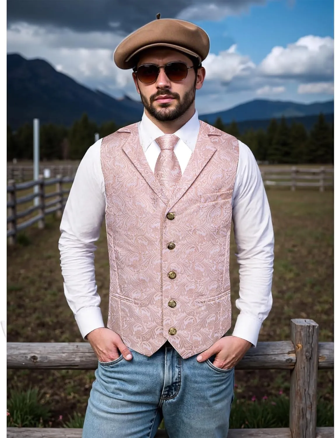 Mens Victorian Vest Tie Set Silk Paisley Suit Vests Formal Waistcoat Gothic Steampunk Vest with Notched Lapels